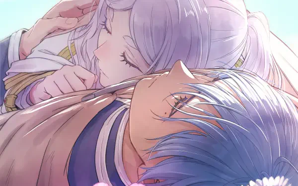 A serene HD desktop wallpaper featuring characters Frieren and Himmel from Frieren: Beyond Journey's End, capturing an intimate moment between them under a bright sky.