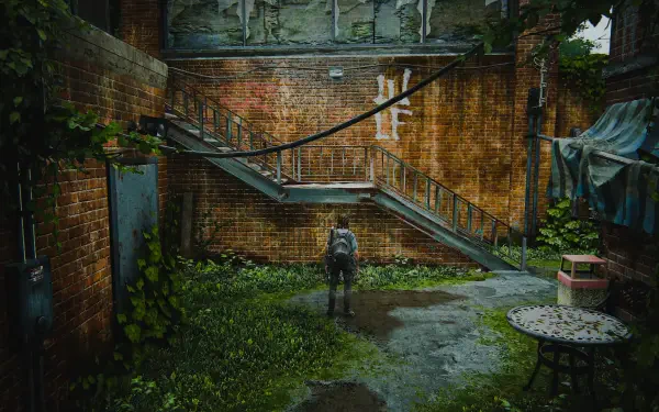 Ellie from The Last of Us stands in a lush, overgrown urban environment, featuring an intricate staircase and weathered brick walls, captured in stunning HD for a video game wallpaper.