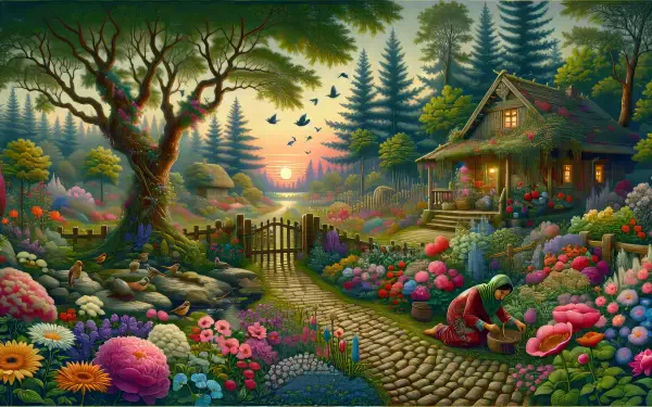 A vibrant cottagecore garden surrounds a charming house at sunset, filled with colorful flowers and lush greenery in this 4K Ultra HD desktop wallpaper.