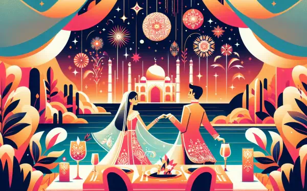 A romantic illustration depicting a couple holding hands during their honeymoon, surrounded by vibrant colors and festive decorations, creating a captivating 4K Ultra HD wallpaper.