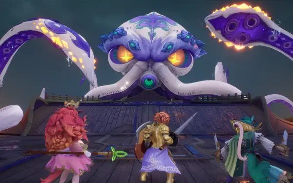 An exciting HD wallpaper featuring characters from the video game Visions of Mana facing a formidable kraken. Vivid colors and dynamic poses create an engaging fantasy scene.