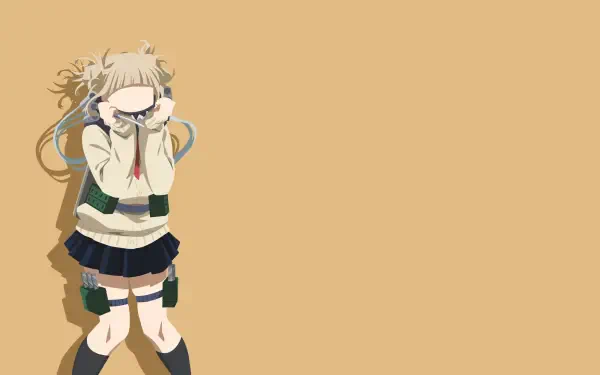 4K Ultra HD PC desktop wallpaper: Anime portrait of Himiko Toga from My Hero Academia in a school uniform, hands near her face, standing against a warm beige background.