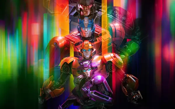Transformers One characters depicted in vibrant neon colors, featured in a 4K Ultra HD PC desktop wallpaper with dynamic, multicolored light effects.
