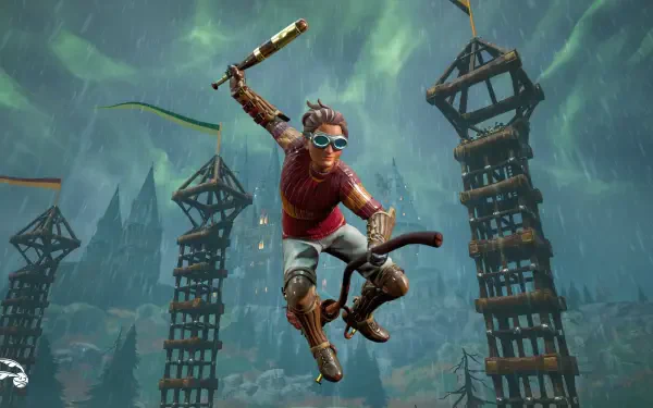 An HD PC desktop wallpaper featuring elements from the video game Harry Potter: Quidditch Champions, showcasing the excitement of magical sports and gameplay.