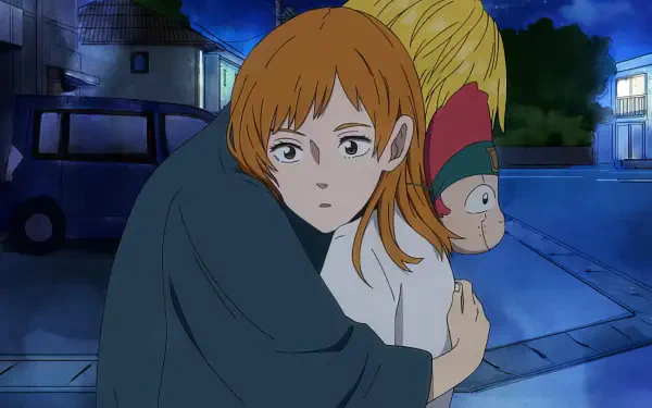 An emotional scene from the anime Murai in Love, depicting a character in a comforting embrace, set against a nighttime background. The image serves as a vibrant HD desktop wallpaper.