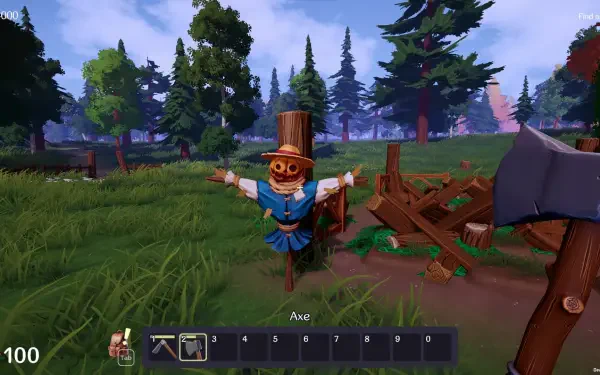 A vibrant HD wallpaper from the video game Ale & Tale Tavern, showcasing a whimsical scarecrow in a lush green landscape, surrounded by trees and debris.