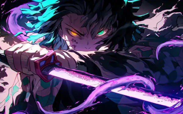 A 4K Ultra HD Demon Slayer: Kimetsu no Yaiba wallpaper featuring an intense character wielding a glowing sword with vibrant, swirling energy effects.