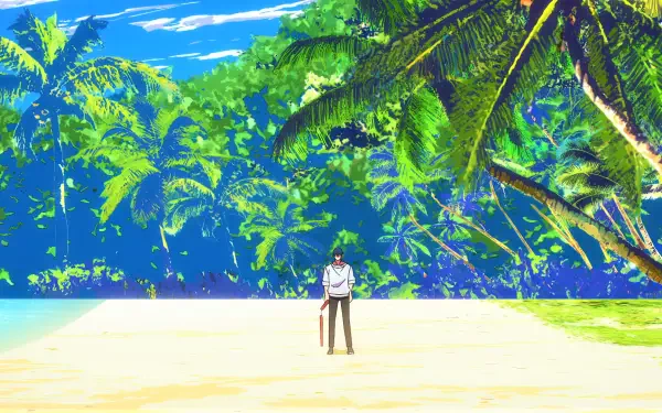 A vibrant HD anime wallpaper featuring Toji Fushiguro from Jujutsu Kaisen standing on a tropical beach surrounded by lush greenery and palm trees.