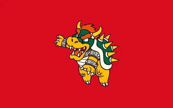 Bowser (Super Mario) leaping with spiked shell on solid red — 4K Ultra HD PC desktop wallpaper.