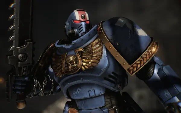 A striking 4K Ultra HD wallpaper featuring a Space Marine from Warhammer 40K: Space Marine 2, showcasing intricate armor details and a powerful stance amidst a dramatic background.