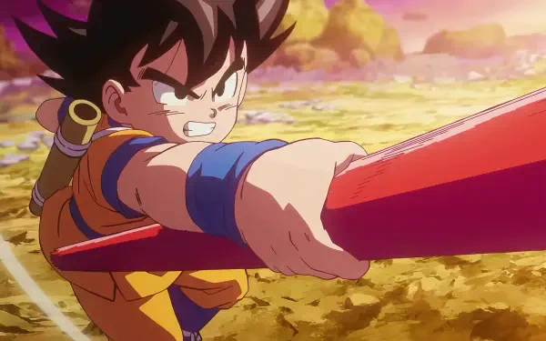 Goku from Dragon Ball DAIMA wields a red staff with determination in this vibrant 4K Ultra HD PC desktop wallpaper and background.