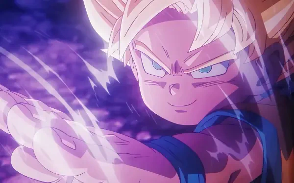 Goku from Dragon Ball DAIMA powers up with intense energy in a vibrant 4K Ultra HD PC desktop wallpaper background.