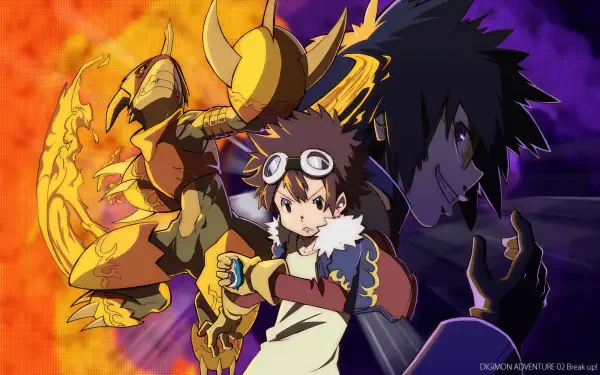 HD wallpaper featuring characters from Digimon Adventure, showcasing a dynamic scene with a young hero and their Digimon partner against a vibrant background.