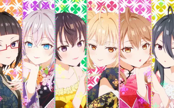 HD PC desktop wallpaper featuring vibrant anime characters from Alya Sometimes Hides Her Feelings with colorful patterned backgrounds in Russian style.