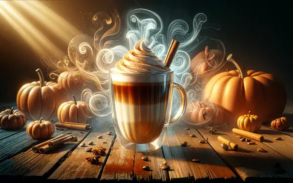 A cozy pumpkin spice latte in a glass, topped with whipped cream and a cinnamon stick, surrounded by pumpkins and warm light, creating a warm autumn atmosphere in this 4K Ultra HD wallpaper.
