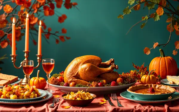 A beautifully arranged Thanksgiving dinner featuring a golden turkey, decorative pumpkins, and festive dishes, set against a vibrant autumn backdrop. 4K Ultra HD wallpaper.
