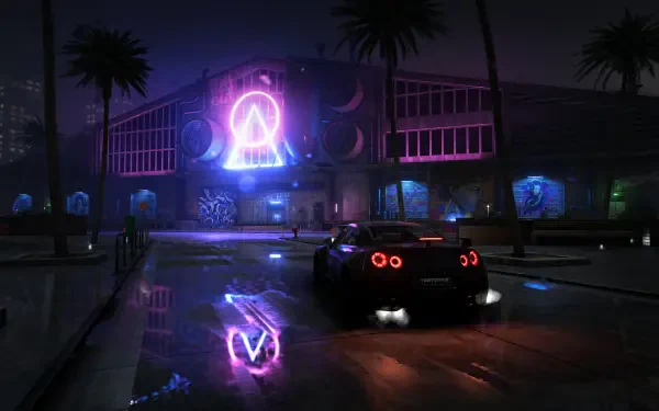 A sleek black car is parked in front of a vibrant, neon-lit building, reflecting in wet pavement, showcasing the stylish atmosphere of the video game Test Drive Unlimited Solar Crown.