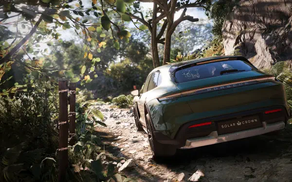 A stunning HD wallpaper from Test Drive Unlimited Solar Crown, showcasing a sleek car navigating a lush, green landscape surrounded by trees and rocks.