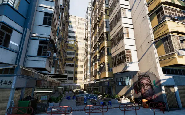 A vibrant city scene from Test Drive Unlimited Solar Crown, showcasing tall buildings and street art, captured in HD for an immersive PC desktop wallpaper.