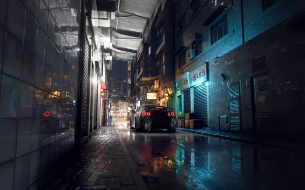 A nighttime urban scene from Test Drive Unlimited Solar Crown, featuring a sleek car parked in a reflective alley illuminated by vibrant neon lights. HD PC desktop wallpaper.