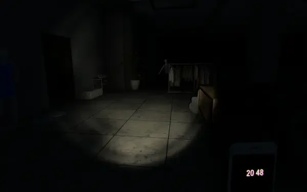 A dimly lit room from the video game Mannequin (2024), featuring eerie shadows and a mannequin in the background, creating a suspenseful atmosphere. HD PC desktop wallpaper.