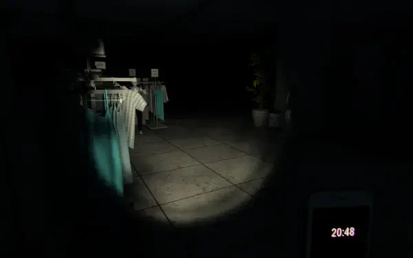A dimly lit interior featuring clothing racks against a dark background, showcasing a scene from the video game Mannequin (2024). A flashlight beam adds a sense of suspense.