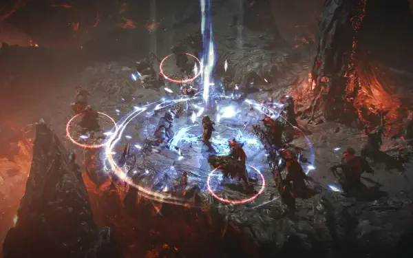 A dramatic HD wallpaper from the video game Jotunnslayer: Hordes of Hel, featuring intense combat amidst a mystical arena illuminated by glowing circles and a central beam of light.