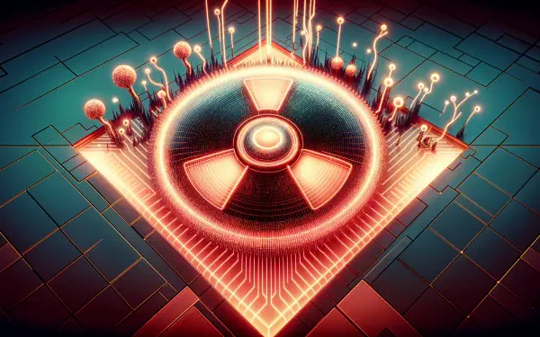 A vibrant 4K Ultra HD desktop wallpaper featuring a futuristic, glowing radioactive symbol surrounded by abstract, glowing patterns and digital elements.