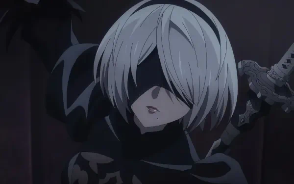 Anime artwork featuring YoRHa Type A No.2 from NieR:Automata Ver 1.1a, presented in stunning 4K Ultra HD, capturing her striking appearance and dynamic pose.