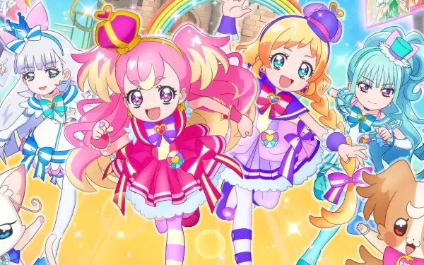 Colorful anime characters from Wonderful Pretty Cure! The Movie!: A Thrilling Adventure In The Game World! joyfully run together, set against a vibrant, magical background.