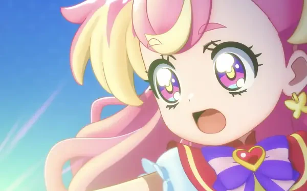 A vibrant scene from Wonderful Pretty Cure! The Movie!: A Thrilling Adventure In The Game World! featuring a joyful character with colorful hair and large, expressive eyes.
