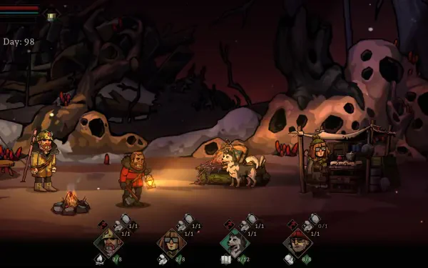 A scene from the video game Edge of Sanity, featuring characters by a campfire in a dark, eerie landscape with a haunting backdrop. HD PC desktop wallpaper featuring survival themes.