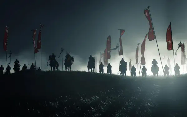 HD PC desktop wallpaper from Ghost of Tsushima featuring silhouetted samurai warriors and fluttering banners against a moody, misty backdrop.