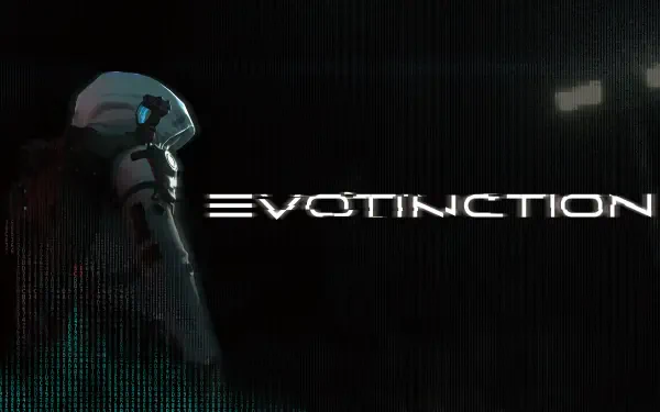A striking 4K Ultra HD wallpaper featuring the logo and character design from the video game EVOTINCTION, showcasing a sleek, futuristic aesthetic against a dark background.