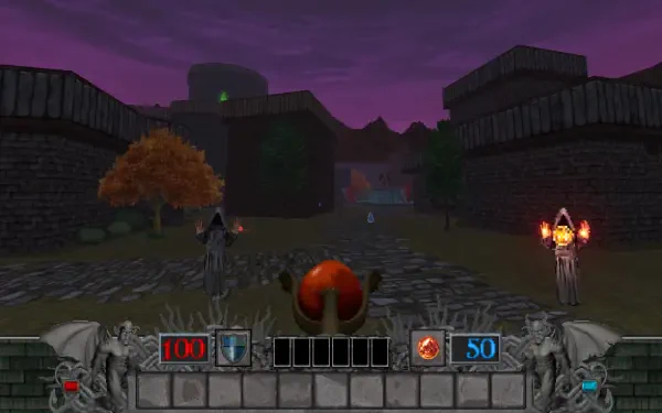 HD PC desktop wallpaper from the video game Hands of Necromancy II, depicting a dark, eerie town scene with skeletal and magical elements in a retro 3D style.