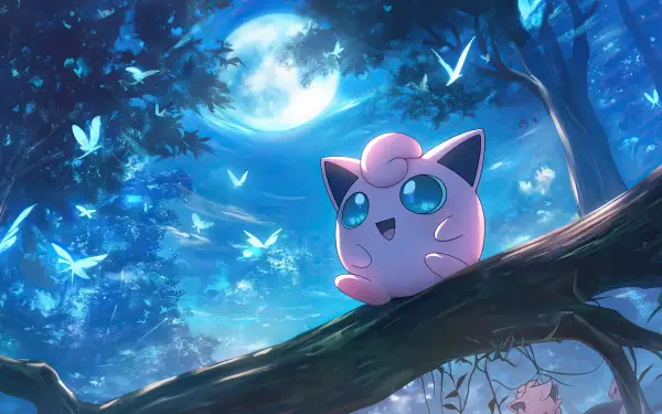 A serene night scene featuring Jigglypuff from Pokémon perched on a branch, surrounded by glowing butterflies and a full moon, offering a vibrant 4K Ultra HD backdrop.