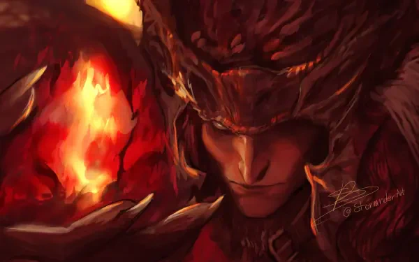 A dramatic HD wallpaper featuring Messmer the Impaler from the video game Elden Ring: Shadow of the Erdtree, showcasing intense colors and intricate armor details.