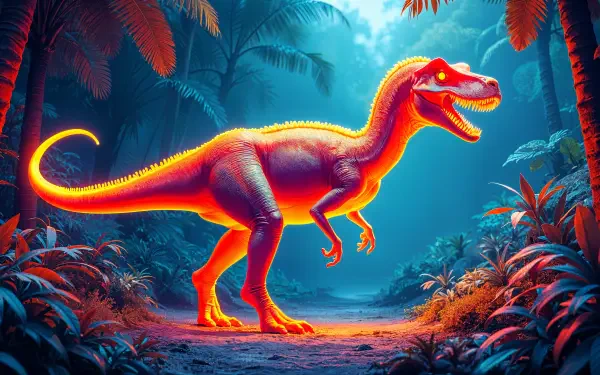 A vibrant 4K Ultra HD wallpaper showcasing a stylized velociraptor in a lush, colorful jungle environment, highlighted by neon hues and dramatic lighting.