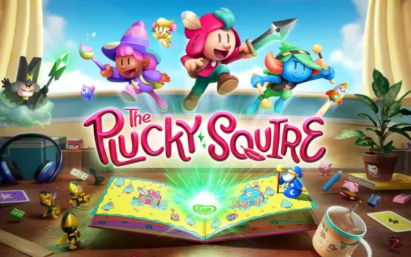 Colorful HD wallpaper from the video game The Plucky Squire, featuring dynamic characters jumping from an open storybook, surrounded by playful elements and a whimsical setting.