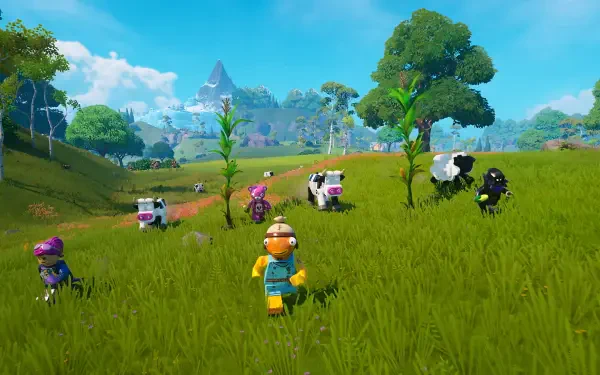 HD PC desktop wallpaper featuring LEGO Fortnite characters and animals in a vibrant, grassy Fortnite landscape under a bright blue sky.