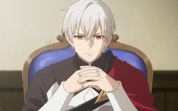 A character with silver hair and red eyes sits confidently in a blue throne, hands clasped, featured in the anime I Parry Everything. This image serves as an HD PC desktop wallpaper.