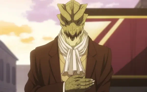 An HD desktop wallpaper from the anime The Ossan Newbie Adventurer, featuring a reptilian character in a formal outfit standing against a scenic background.