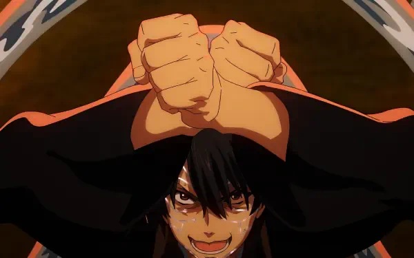 A dynamic anime scene from Failure Frame features a character with a passionate expression, arms raised in determination. The image serves as an HD desktop wallpaper and background.