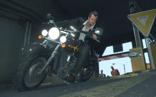 A scene from Dead Rising Deluxe Remaster, featuring a character on a motorcycle ready to navigate a zombie-filled world, set against a detailed urban backdrop.