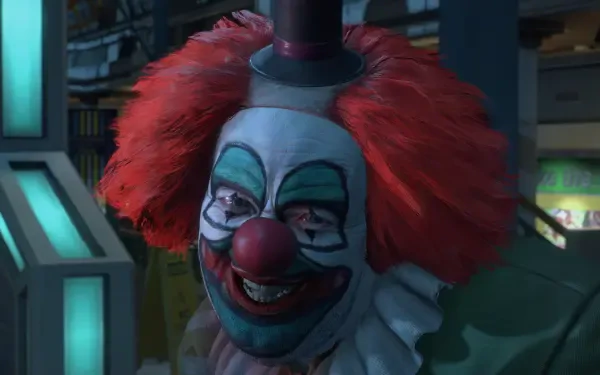 A close-up of a sinister clown character from Dead Rising Deluxe Remaster, featuring vibrant red hair and exaggerated facial makeup, set against a detailed video game background.