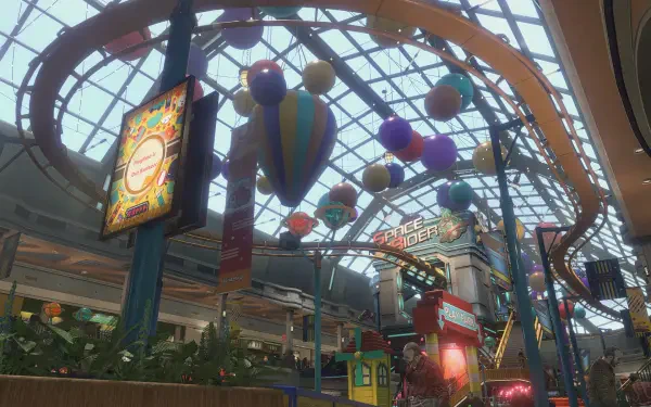 Vibrant HD wallpaper from Dead Rising Deluxe Remaster, showcasing a lively indoor amusement park with colorful decorations and attractions under a glass ceiling.