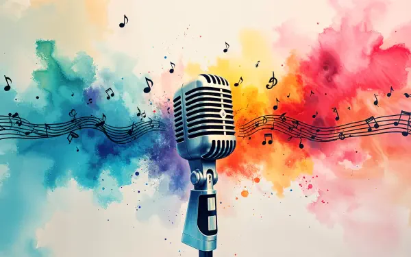 A vibrant 4K Ultra HD desktop wallpaper featuring a classic microphone at the center, surrounded by a splash of colorful paint and musical notes, creating an artistic musical ambiance.