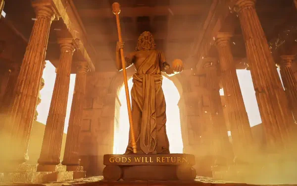 HD wallpaper from Age of Mythology: Retold features a majestic statue of a god amidst ancient columns, illuminated by golden light, with the phrase GODS WILL RETURN.