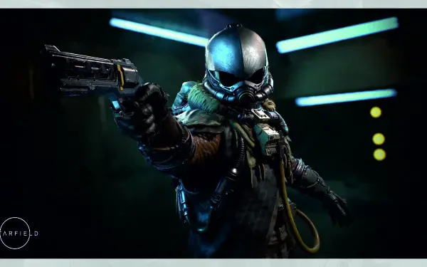 A high-definition desktop wallpaper featuring an assassin from the video game Starfield, poised with a gun in a futuristic, neon-lit environment.