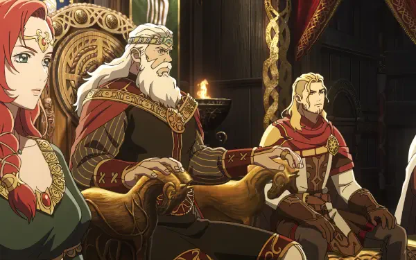 A vibrant HD anime-style scene from The Lord of the Rings: The War of the Rohirrim, featuring regal characters seated on thrones, richly adorned in intricate costumes.
